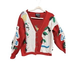 Vintage Berek Cardigan Sweater Womens Large Red‎ Handknit Cotton Christmas 80s